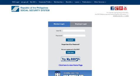 Sss philippines login - Member Login. Invalid User ID Or Password. User ID. Password. Forgot User ID or Password. Register. Download SSS Mobile App. SSS CITIZEN'S CHARTER. The Citizen's Charter is an official document that reflects the services of a government agency/office including its requirements, fees, and processing times among others.